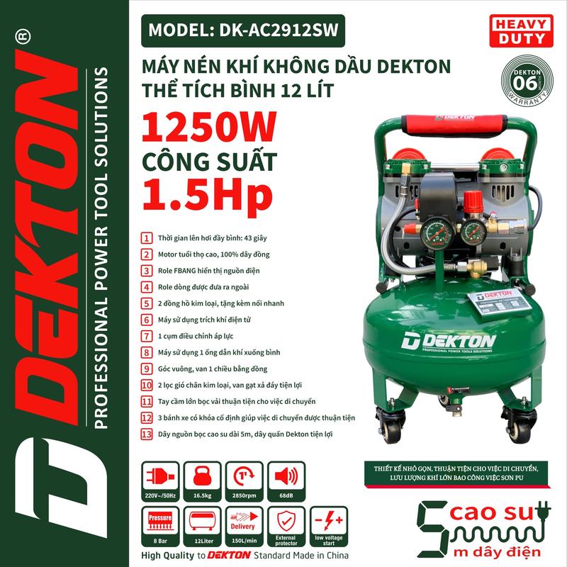 Máy Nén Khí Không Dầu Dekton 1.5HP / DK-AC2912SW / Bình 12L / Có Điều Áp Đầu Ra / Độ Ồn Thấp /Nạp Hơi Nhanh