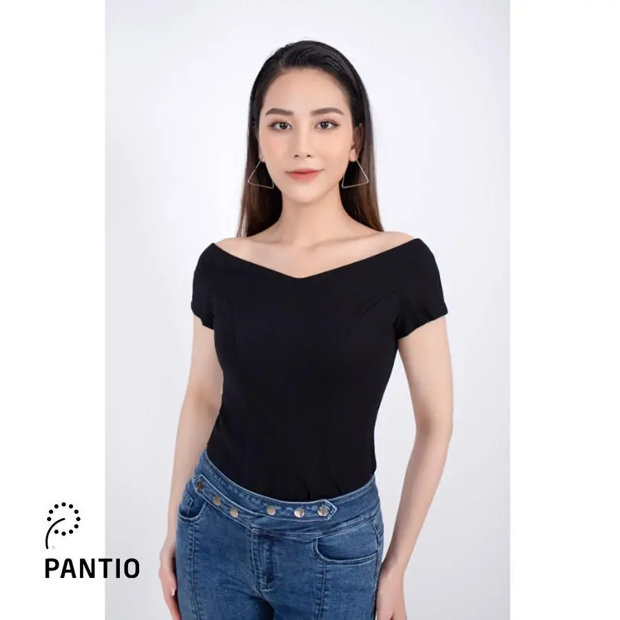 FAS33323 - Áo sơ mi dạo phố vải cotton dáng ôm cổ V rộng vai chờm - PANTIO