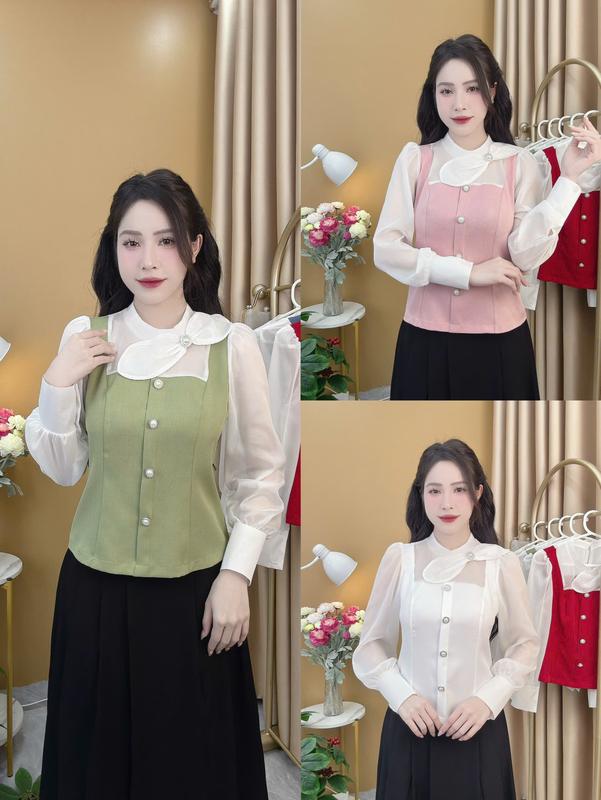 Áo sơ mi PEPLUM mã A31 Phối Tay Tơ Đính Nơ Cổ xinh xỉu tiểu thư