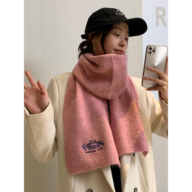 Embroidered Brown with Letters with Woolen Knitting Scarf Winter Girls 2023 New High-Grade Korean Style All-Match Scarf 8