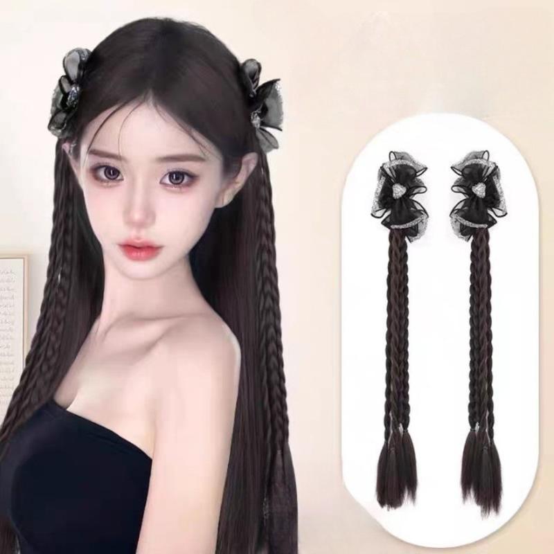 Tóc Giả Bện Xoắn Thắt Nơ, Ngọt Ngào Và Ngầu, Dành Cho Phụ Nữ Và Trẻ Em Gái, Tóc Đuôi Ngựa Đôi Mô Phỏng, Tóc Nối