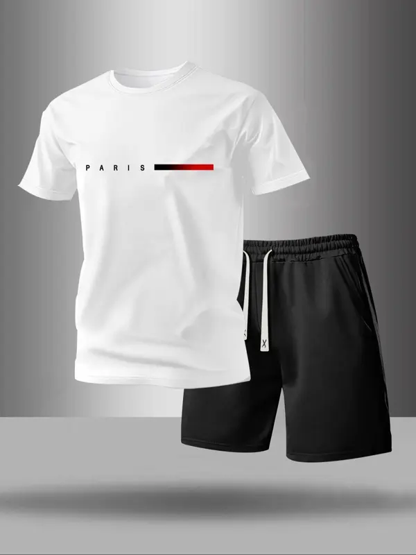 Men's Letter Print Tee & Drawstring Waist Shorts Set, Regular Fit Round Neck Short Sleeve T-shirt & Track Shorts, Casual Summer Clothes for Outdoor 4