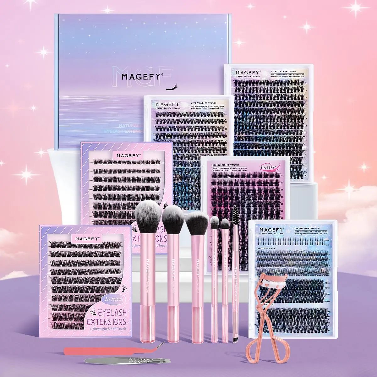 Maange Professional Eyelash Combination Set with Gift Box, 1 Set Including 6 Boxes Clustered Eyelashes, 1 Count Eyelash Curler, 1 Count Tweezers, 6 Counts Makeup Brushes, 1 Count Eyebrow Curler, Makeup Products