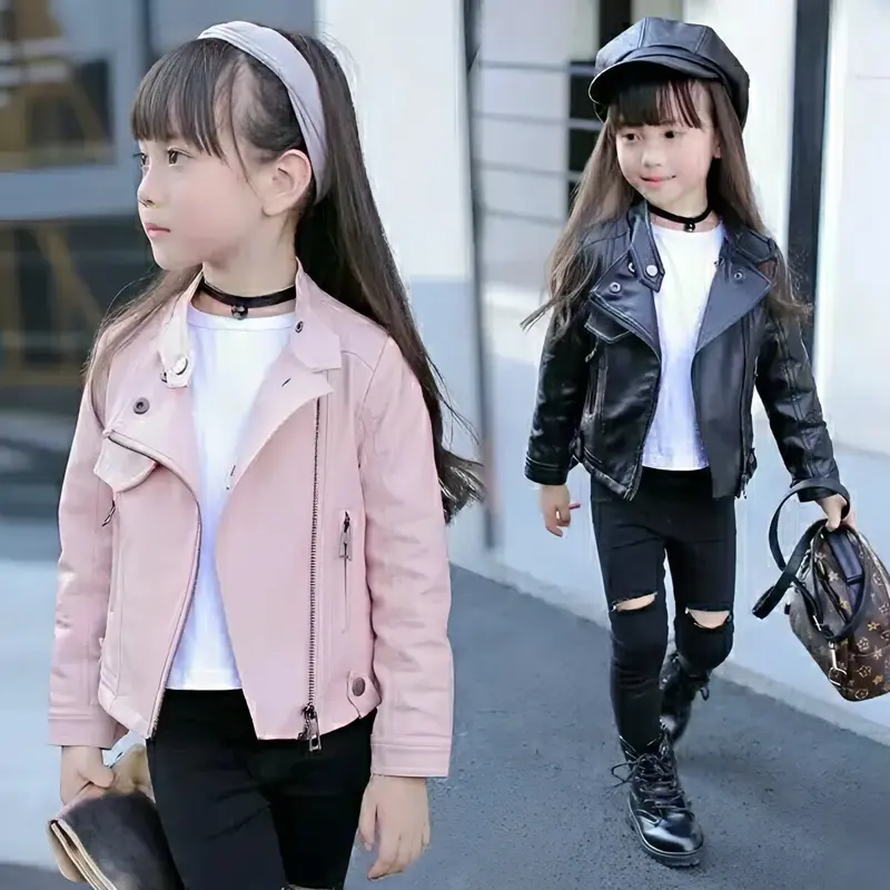 Jaket Semi Kulit Anak Santai Polos Slim-fitting Perempuan Pakaian 3