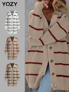 YOZY Women's Striped Print Button Front Drop Shoulder Cardigan, Casual Long Sleeve V Neck Knitwear for Fall & Winter, Women's Knit Clothing for Daily Wear