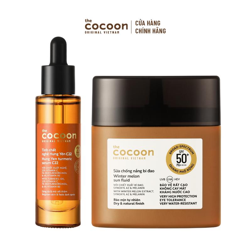 Combo Tinh chất nghệ Hưng Yên C22 serum với 22% vitamin C sáng da chuyên sâu & mờ vết thâm Cocoon 30ml + Sữa chống nắng bí đao - Ráo mịn tự nhiên SPF 50+ UVA – PF 62.6 Cocoon 50ml