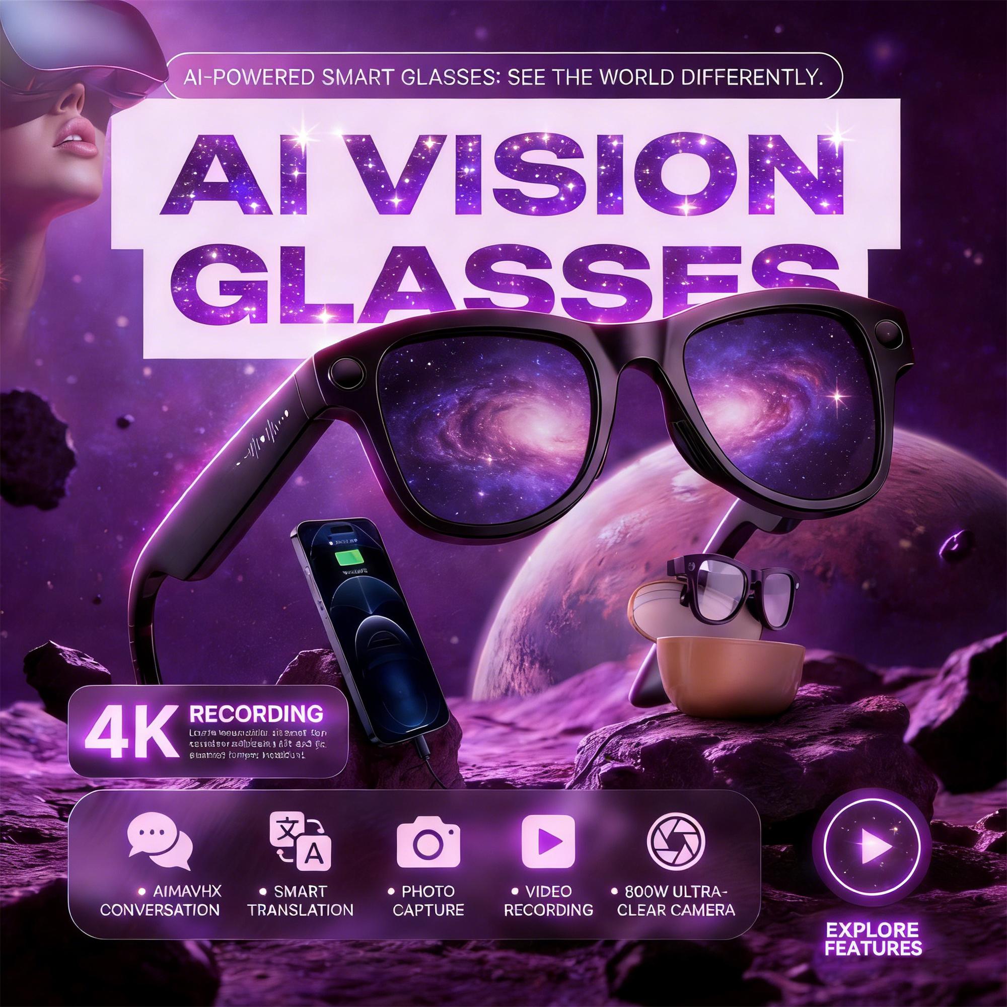 New AI Smart Glasses 8MP Camera Video Recording 100+Languages Translation Sunglasses Bluetooth Call Music Play with Charging Box