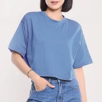 BAJU KAOS CROP OVERSIZE WANITA TERBARU Polos Hitam Putih Crew Neck Santai Katun panjang