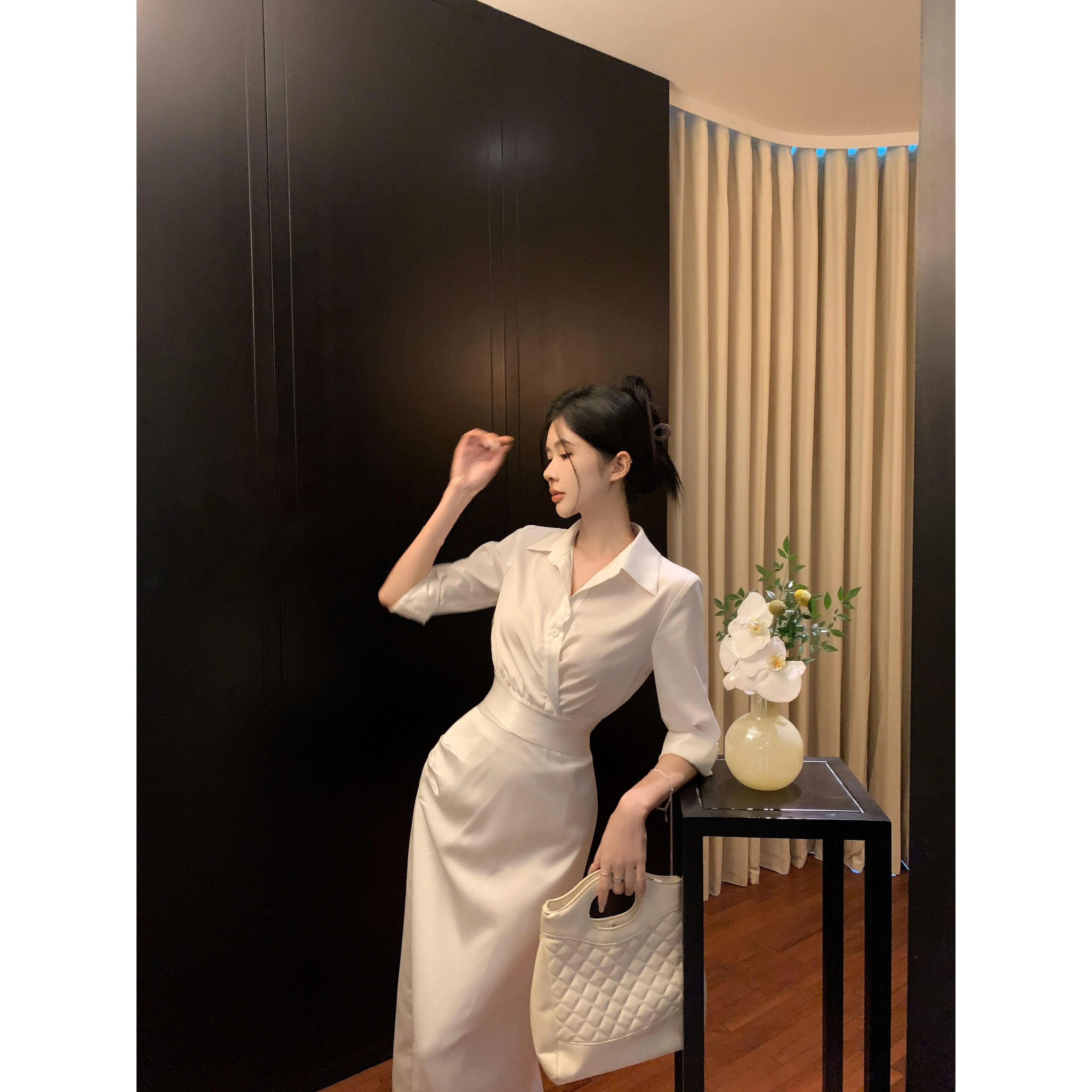 Bộ Đồ Nữ, Bộ Đồ Đơn / Hai Mảnh, Thanh Lịch, Áo Sơ Mi Cổ Polo Màu Trắng, Váy Bodycon Mùa Hè, Có Thể Mang Theo Women Jacket