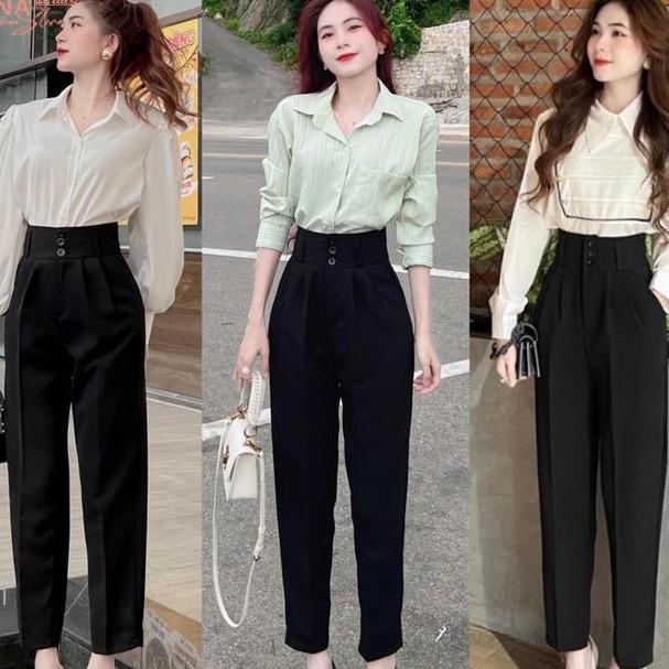 Quần tây nữ lưng cao baggy chất tuyết mưa dày dặn màu đen kem ghi nâu kích thước Xs-6xl 420 Women cho nữ Pants