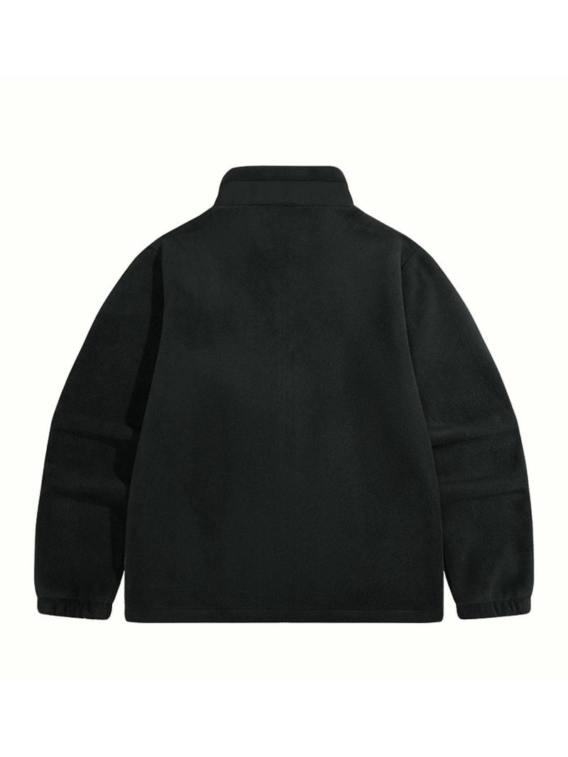 Product Introduction of Men's Solid Patched Pocket Zipper Funnel Neck Fleece Jacket, Regular Fit Casual Long Sleeve Zip Up Outerwear for Fall & Winter, Men's Clothes for Daily Wear 8