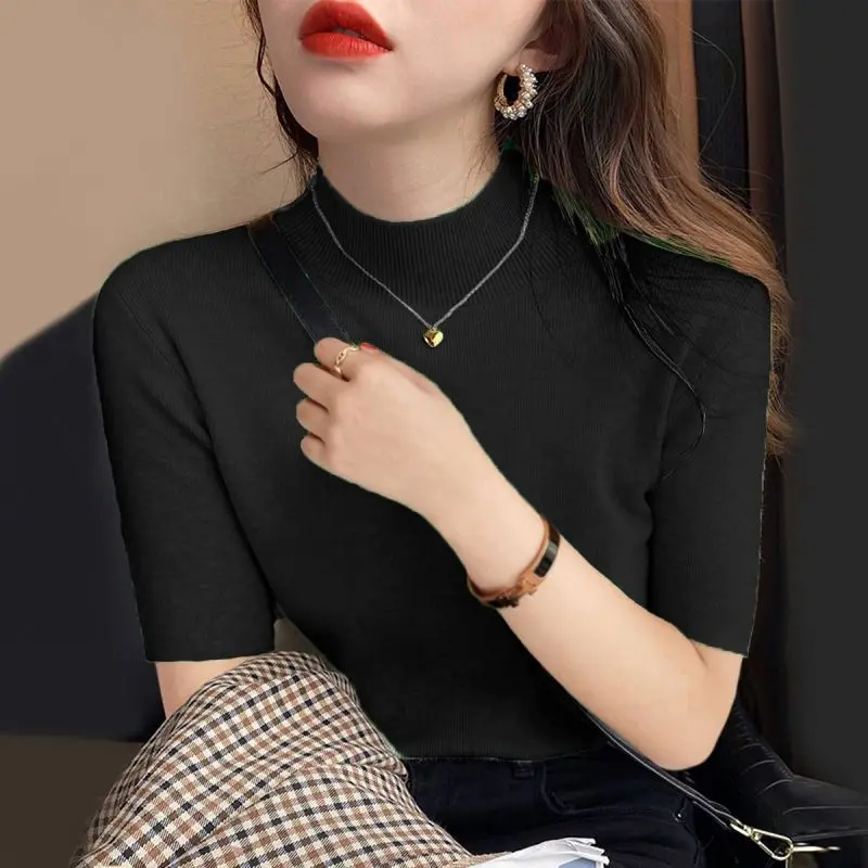 Áo Dệt Kim Cho Nữ, Cổ Cao, Mỏng Vừa Vặn, Áo Sơ Mi Thường Ngày Áo Cánh ngắn Tay Nữ, Phong Cách Hàn Quốc, Dáng Ôm, Áo Phông, M99, Hàng Mới Về 8