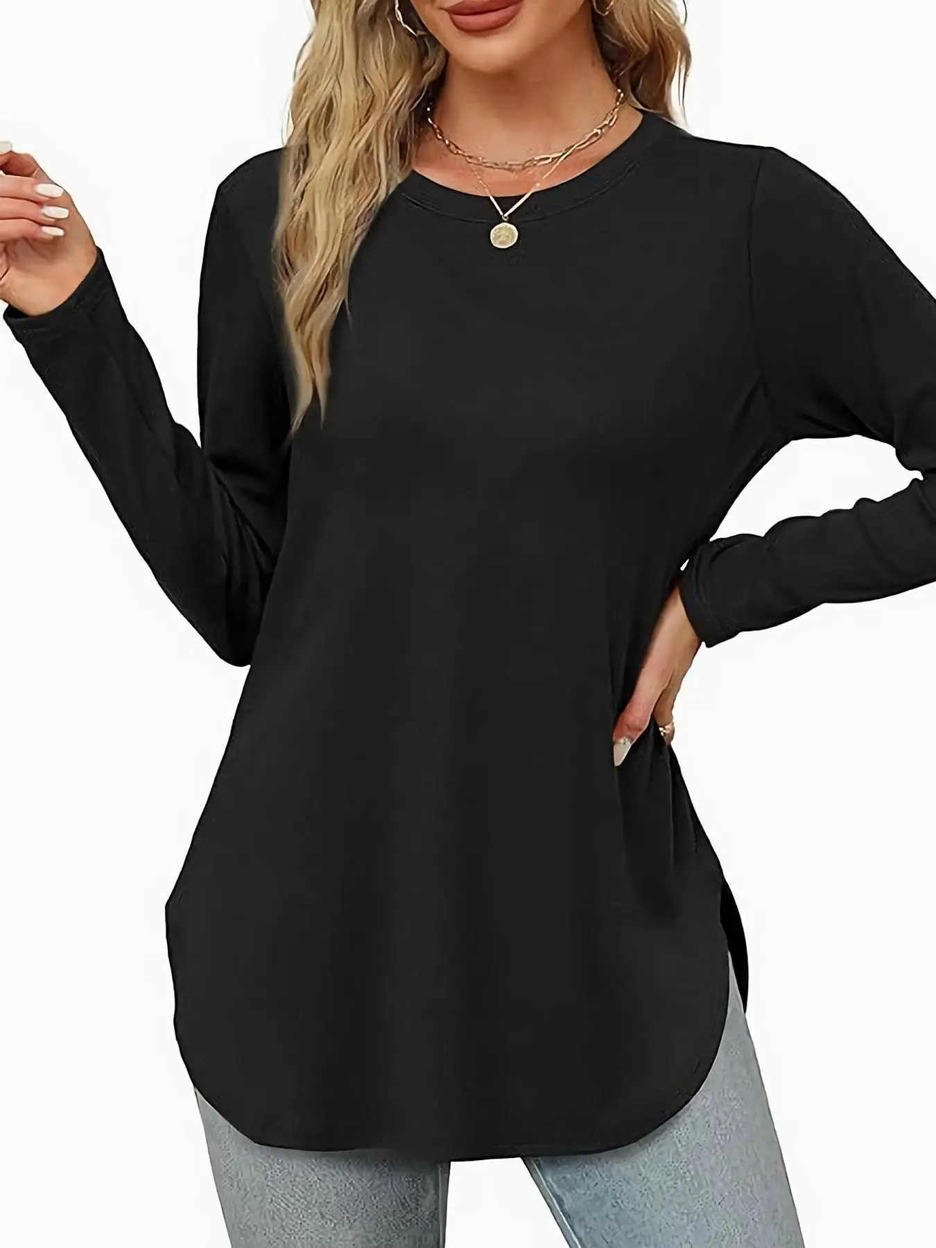 Women's Plain Curved Hem Tee, Casual Long Sleeve Round Neck T-shirt for All Seasons, Women's Top for Daily Wear, Clothes