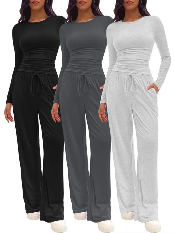 Two-piece Set Women's Solid Ruched Tee & Drawstring Pocket Pants Lounge Set, Casual Long Sleeve T-shirt & Elastic Waist Trousers, Pyjamas for Women, Ladies Sleepwear for All Seasons,  Lounge Tracksuit Women 0