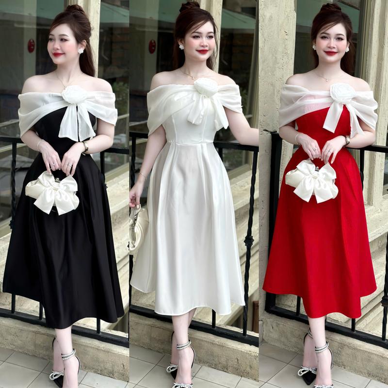   FREESHIP  C5- Váy Trễ vai Thiết Kế taffa  có mút  dự tiệc Dáng Dài Phối Tơ Hoa Trước  Phong Cách Sang Trọng Đi tiệc Xinh có túi ẩn hai bên đỉ size SMLXL-Mijustore Nữ Women Dress Tre Đen 