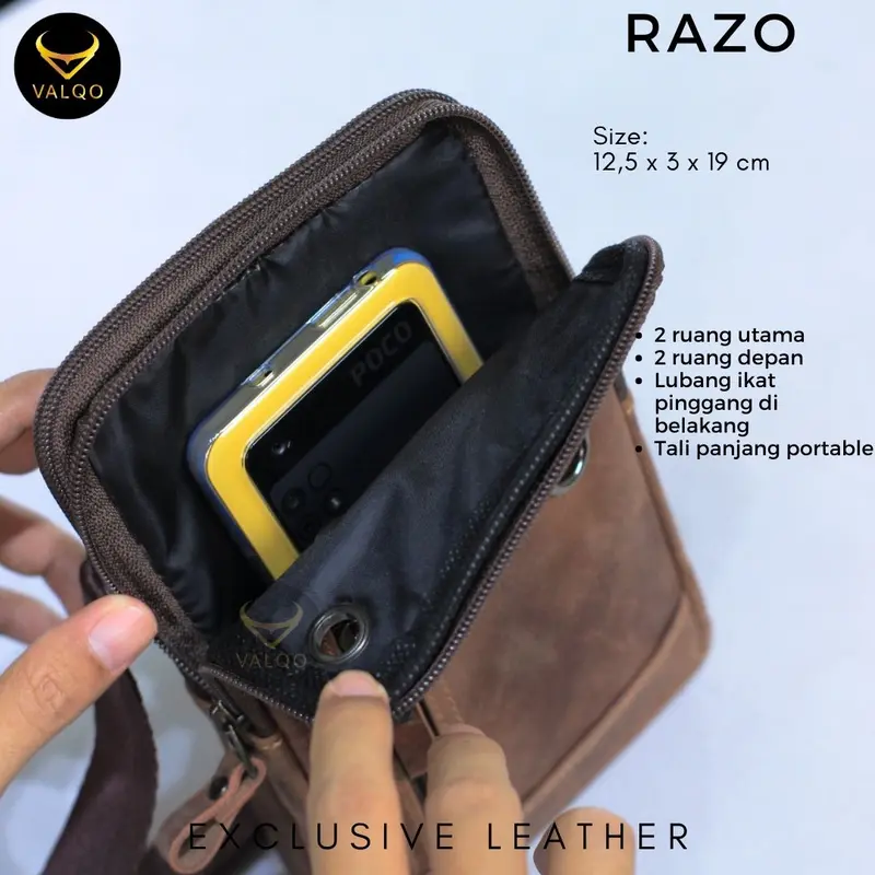 [VALQO] RAZO Tas Kecil Mini Kulit Sapi Selempang Slingbag Kecil Mini Tas HP Hitam 5