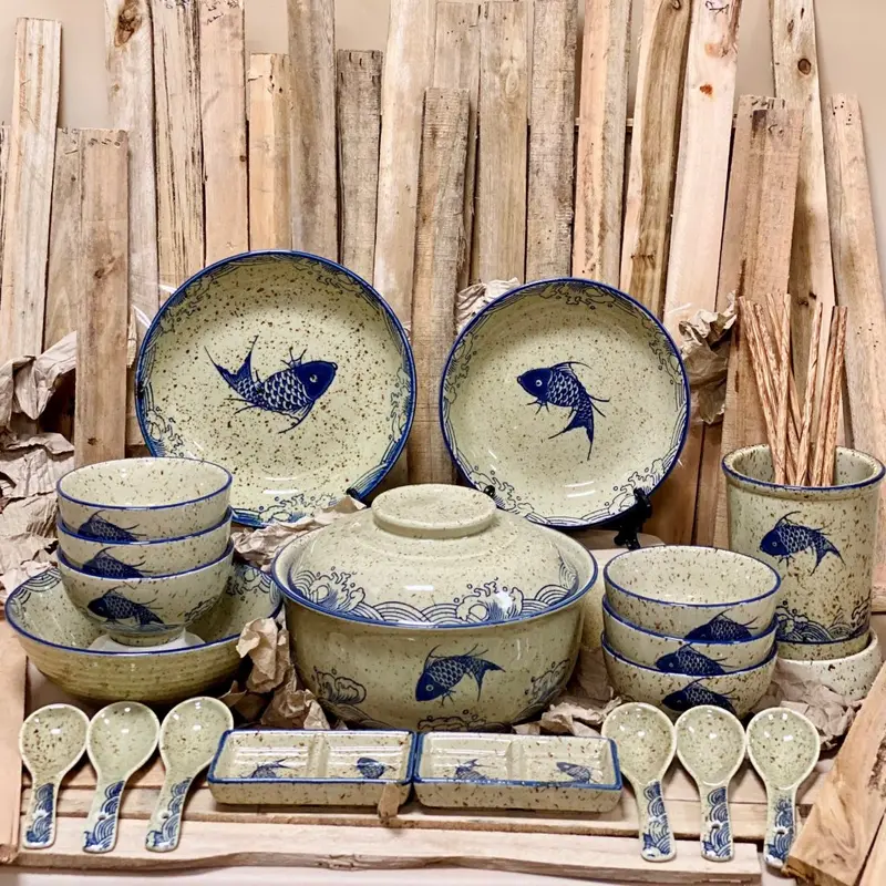Tách Lẻ Bộ Bát Đĩa Chén Dĩa Gốm Miu  Decor Họa Tiết Cá Nhật Men Tiêu  Phong Cách Nhật Bản 8