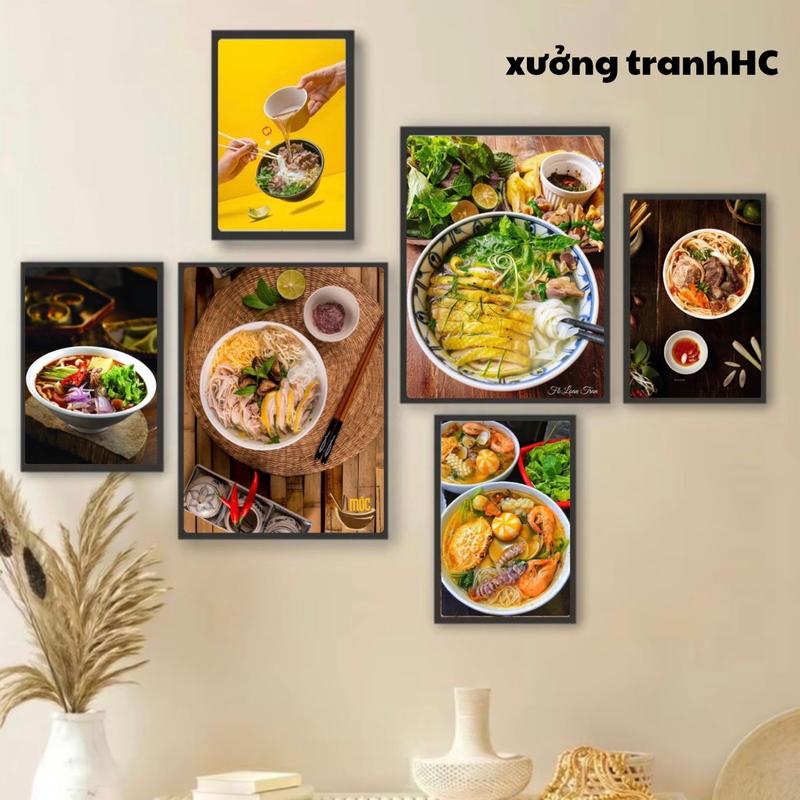 Bộ tranh decor quán ăn dán tường 6 tranh kèm băng keo chuyên dụng tranh fomex 5mm kèm keo sau tranh tranh trang trí quán ăn tranh phở bò tranh nem nướng nha trang bún đậu
