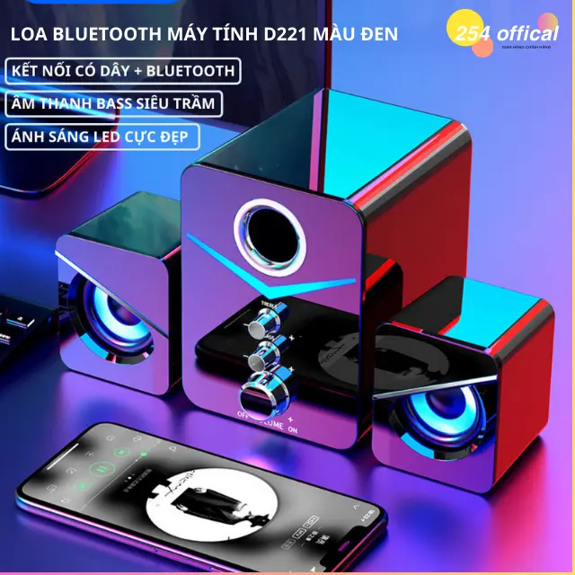 Loa máy tính để bàn kết nối với laptop vi tính điện thoại Bass cực đã LED cực ngầu D-221 Màu đen  Bluetooth  Nghe Nhạc 0
