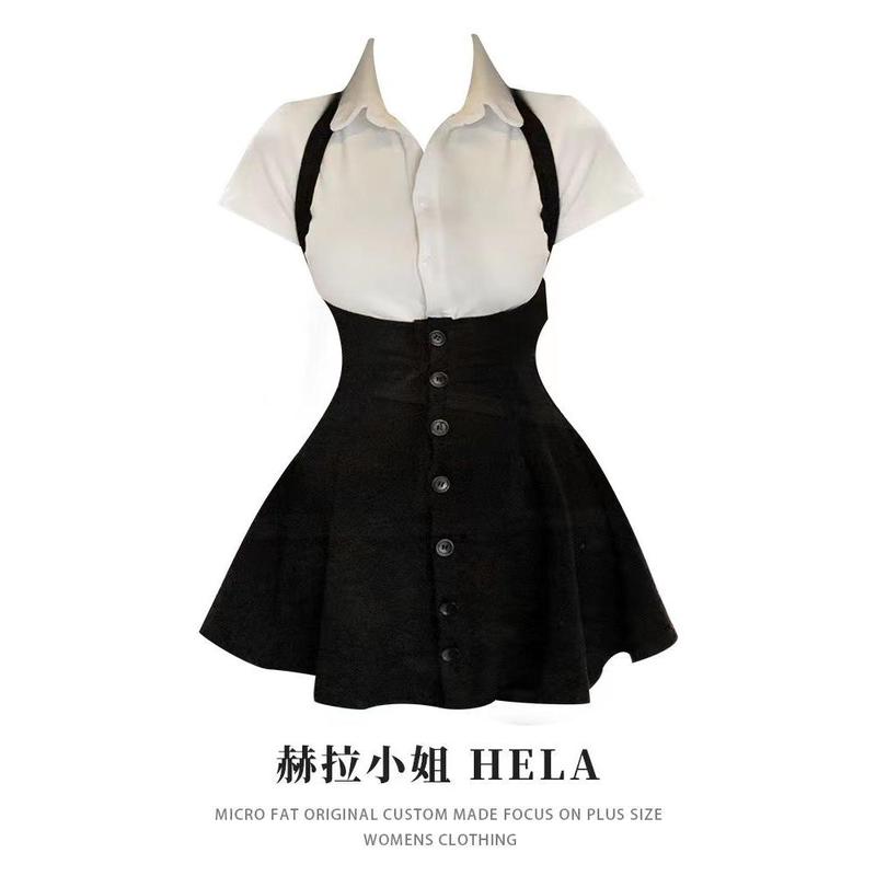 Váy HELA, Phong Cách Pháp, Dễ Thương Và Gợi Cảm, Trẻ Trung, Áo Sơ Mi Trắng, ngắn Tay Mùa Hè, Thích Hợp Cho Bigsize, Bộ Đồ Phong Cách Dễ Thương Và Gợi Cảm, Dành Cho Nữ, 2024 3