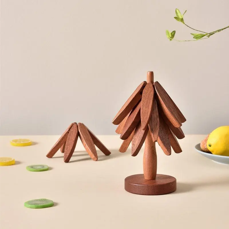 Wooden Tree Shaped Trivet Set, 4 Counts Wooden Trivet with 1 Stand, Heat Resistant Placemat for Hot Dishes, Kitchen Accessories