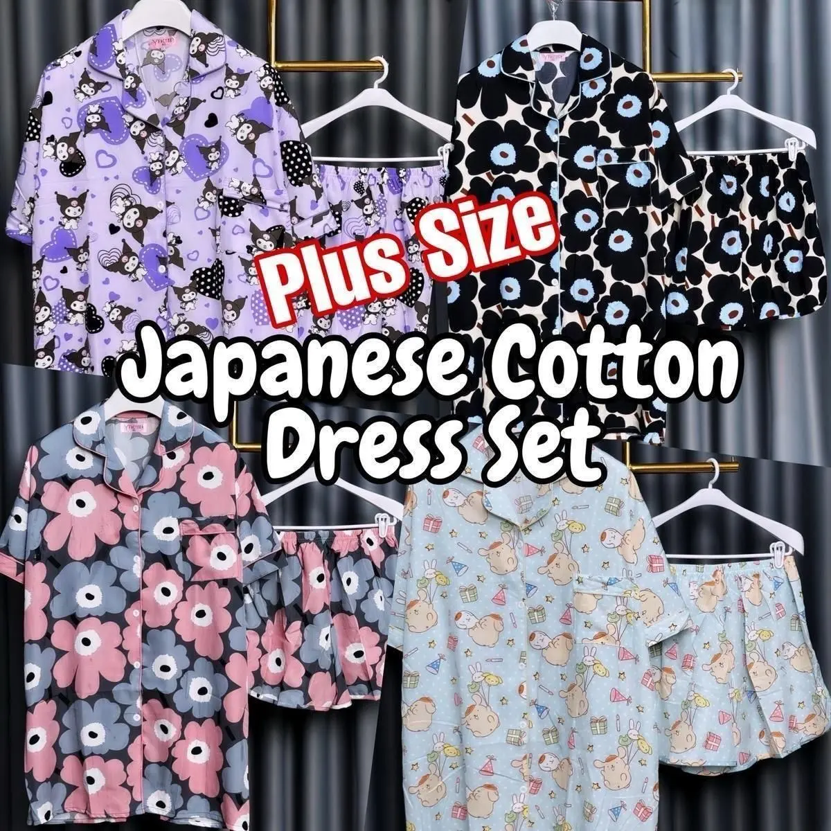 (SKP) Japanese Cotton Polyester Silk Plus Size (SHORT SLEEVE DRESS + SHORT PANTS SET)