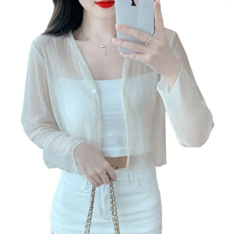 Áo Cardigan Voan, Mỏng, Dành Cho Nữ, Màu Trắng, Váy Hai Dây Để Mặc Bên Ngoài, Áo Khoác Capelet, Áo Sơ Mi Nhung