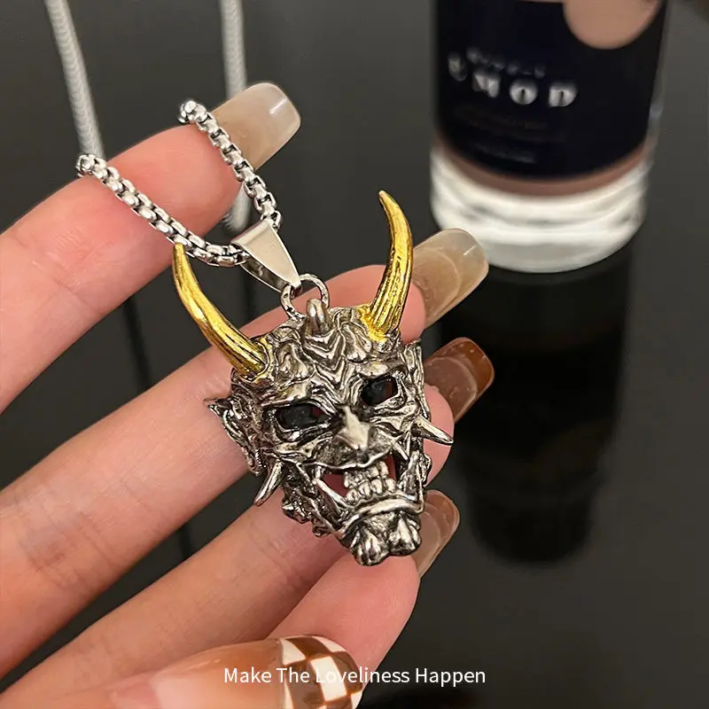 Topeng Prajna Vintage Gelap Kalung Baja Titanium Pria Tanduk Panjang Raja Kalung Stainless Steel 8