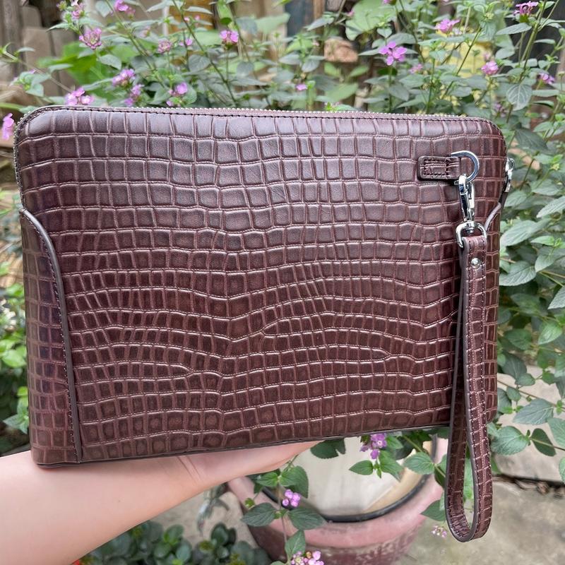 Túi cầm tay/kẹp nách nam/nữ da bò dập vân cá sấu sang trọng bảo hành 2 năm về da Kem