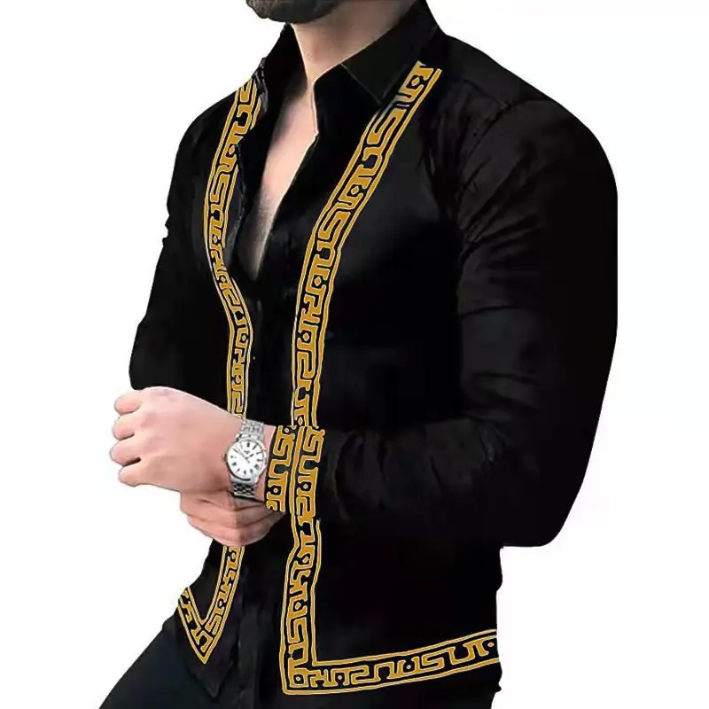 Men's 2023 Spring and Summer New Fashion Printed Young and Middle-Aged Long-Sleeved Shirt Men