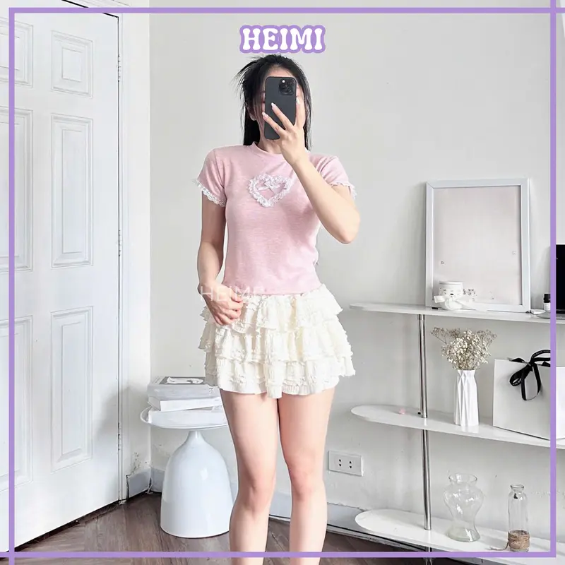 Áo Thun Nữ Phối Ren Trái Tim HEIMI, Áo Baby Tee Form Ôm Body Dễ Thương Chất Len Tăm Mềm Mịn 6