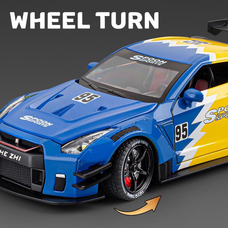 Product Introduction of Scale 1:24 Nissan GTR Spray Alloy Model Die Casting Audio Light Car Enthusiast Collection Children's Birthday Gift Metal Toy Boy 11