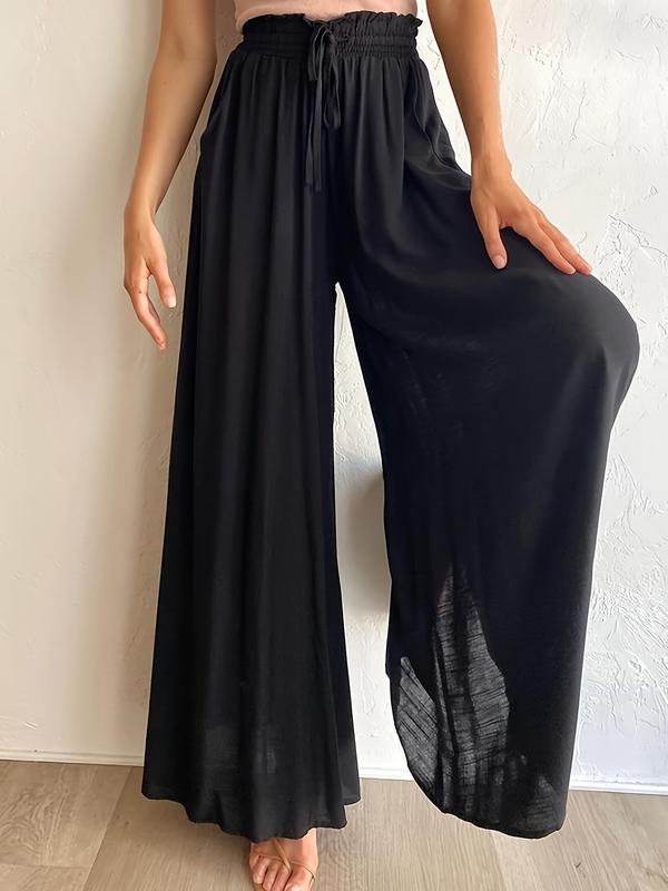 Women's Plain Pocket Drawstring Paper Bag Waist Wide Leg Pants, Casual High Waist Trousers for Fall, Back To School Pants for Women, Women's Bottoms for Daily Wear, Fall Outfits, Fallfreshness, Womenswear 2