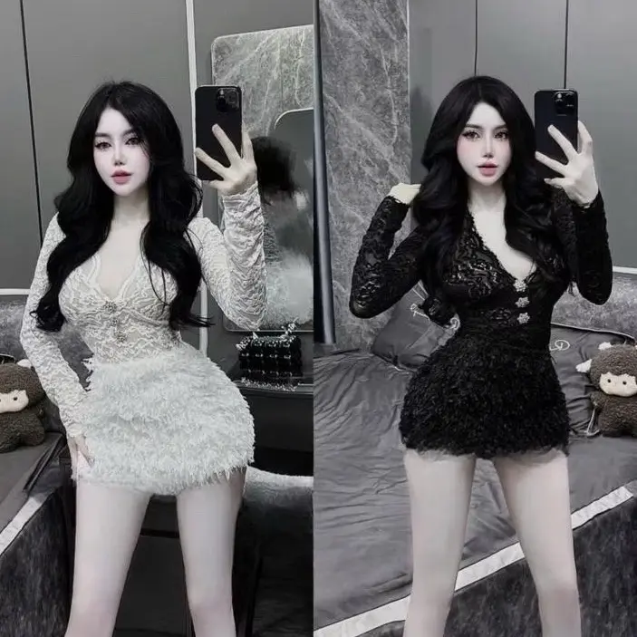 Set Áo Tay Dài Phối Ren - Váy Lông Vũ Kèm Nơ Đá 2 Màu Chuẩn Form Sang Chảnh Nữ Women Dress (Hình thật cuối)