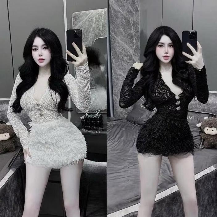Set Áo Tay Dài Phối Ren - Váy Lông Vũ Kèm Nơ Đá 2 Màu Chuẩn Form Ôm Sang Chảnh Nữ Women Dress Hình thật cuối