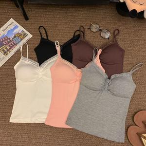Spring Summer New Ruched V-Neck Lace Camisole Simple Solid Color Inner Vest Design Sense Sleeveless Top for Women
