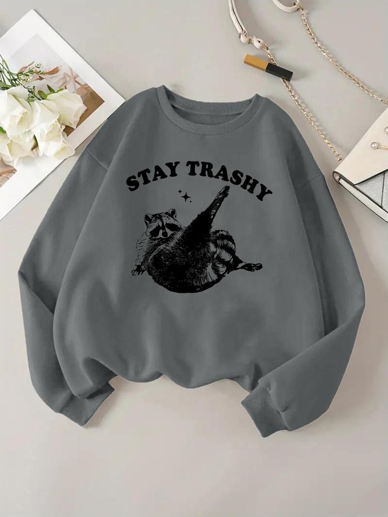 Product Introduction of Women's Raccoon & Letter Print Drop Shoulder Sweatshirt, Casual Long Sleeve Round Neck Pullover for Daily Wear, Ladies Clothes for All Seasons 1