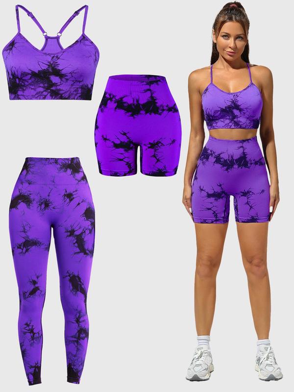 Three-piece Set Women's Tie Dye Print Tracksuit Set, Casual Sports Bra & High Waist Leggings & Biker Shorts, Ladies Sportswear for Yoga Gym Workout 6