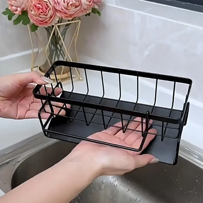 Sink Sponge Drain Rack with Dishcloth Holder, Sink Storage Shelf for Sponge Soap Dish Brush Rag Organizer, Kitchen Countertop Storage Rack, Home Organization and Storage Supplies 4