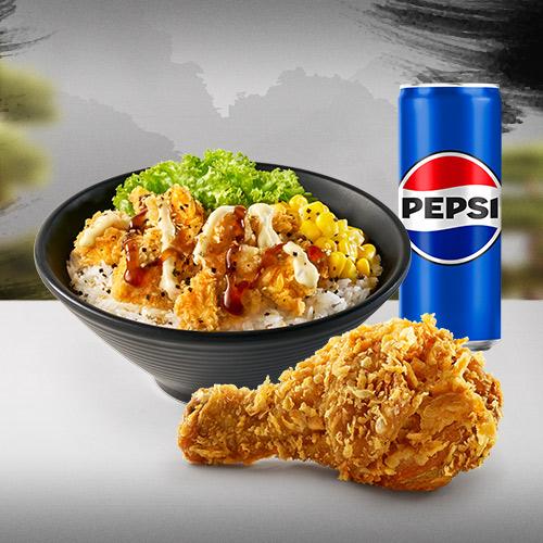 KFC Combo Cơm Gà Viên Nanban A gồm 01 Cơm Gà Viên Nanban + 01 Miếng Gà Rán + 01 Pepsi lon _ giao trong 1h