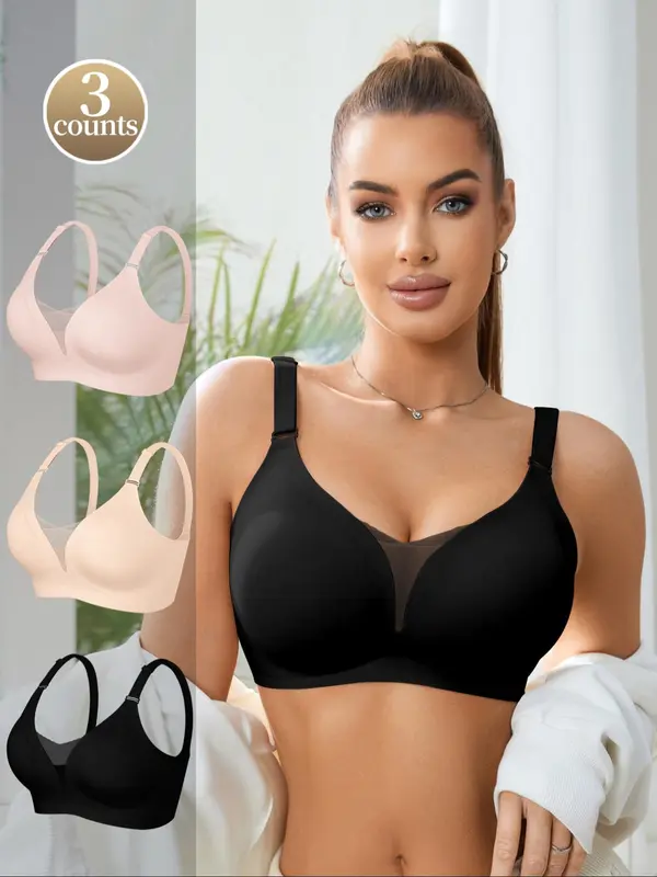 Women's Solid Color Mesh Patchwork Seamless Wireless Bra, Casual Comfortable Breathable Adjustable Strap Anti-Sagging Full Coverage Bra, Lingerie for All Seasons 2