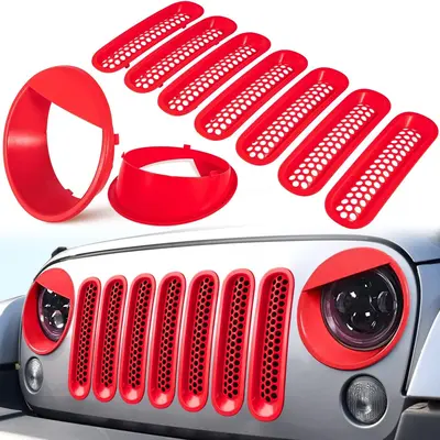 Chrome Mesh Grille Insert & Headlight Trim Cover For 2007-2018 Jeep Wrangler JK & JKU