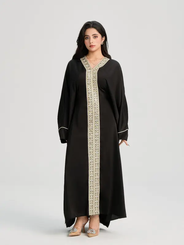 Women's Lace Embellishment V Neck Abaya, Modest Long Sleeve Maxi Dress for Party Wedding Guest, Formal Ladies Islamic Clothing for All Seasons 1