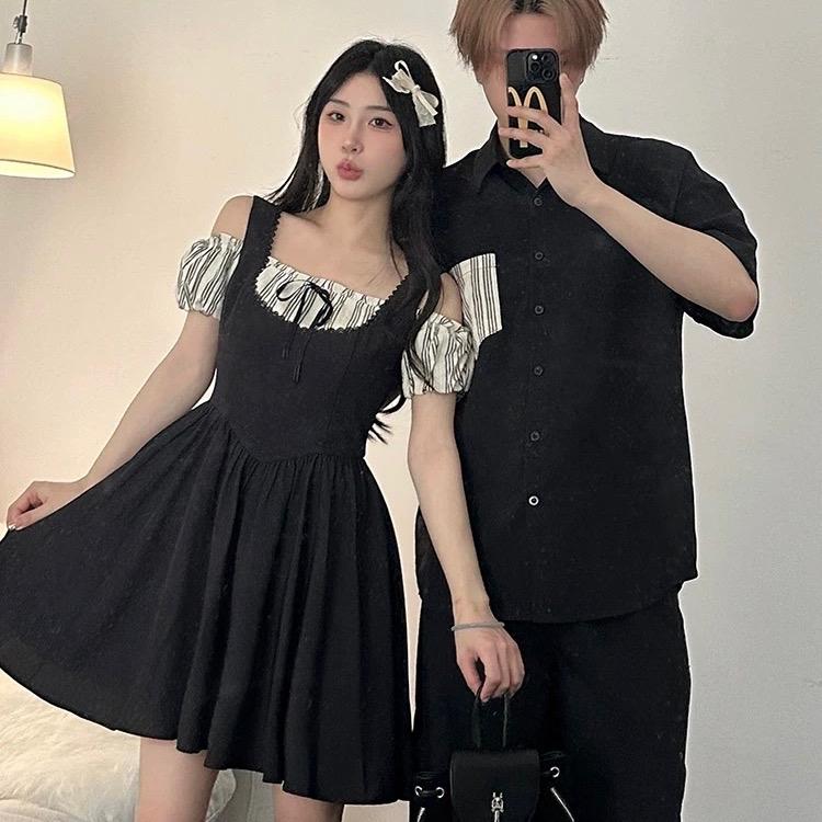   Nữ max 90kg nam max 100kg  -  Áo váy đôi cá tính đen phối sọc xoè hách dáng siêu yêu 