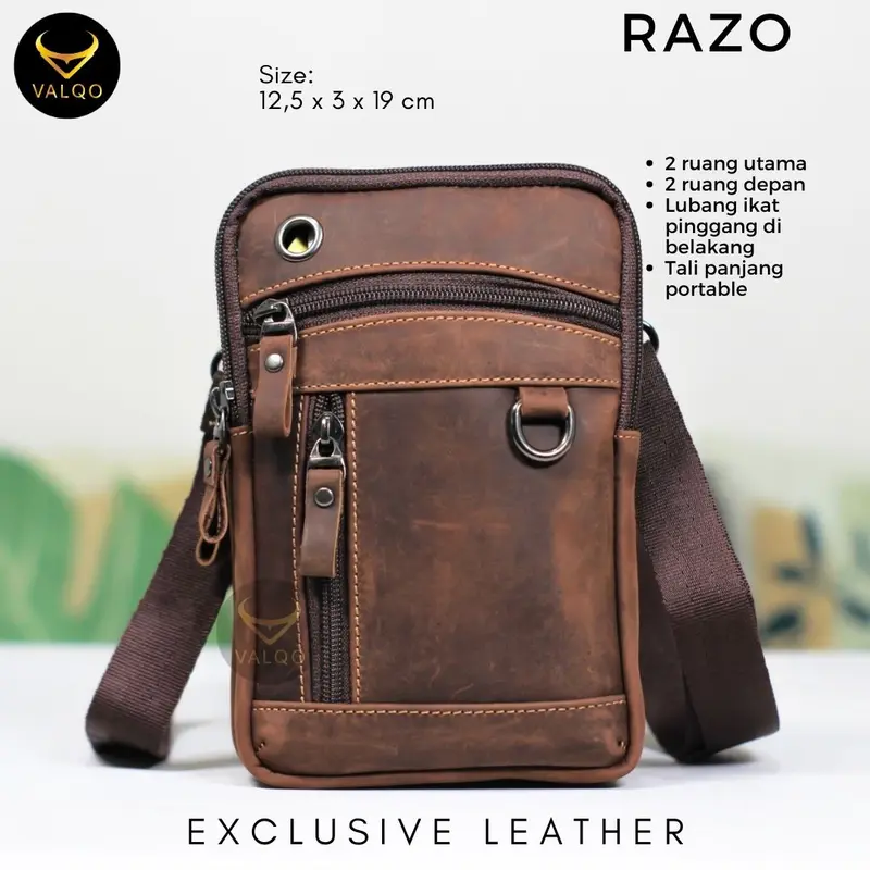 [VALQO] RAZO Tas Kecil Mini Kulit Sapi Selempang Slingbag Kecil Mini Tas HP Hitam 0