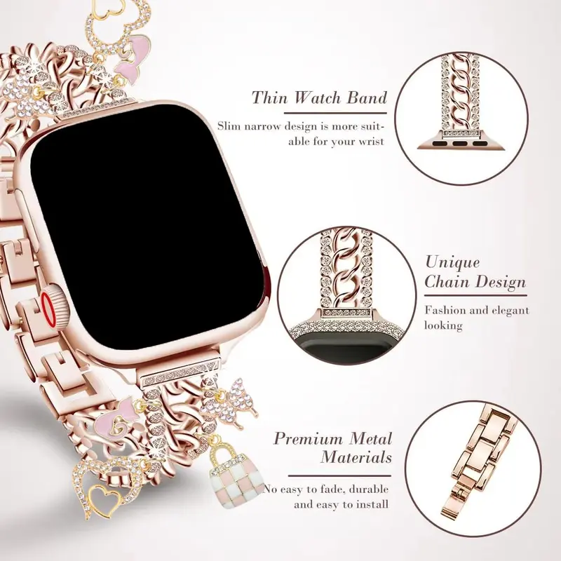 Fashionable Metal Watch Band, Watch Band with Apple Watch Accessories Charms for iWatch Series 10 9 8 7 6 5 4 3 2 1 SE, Watch Accessories, Wearable 5