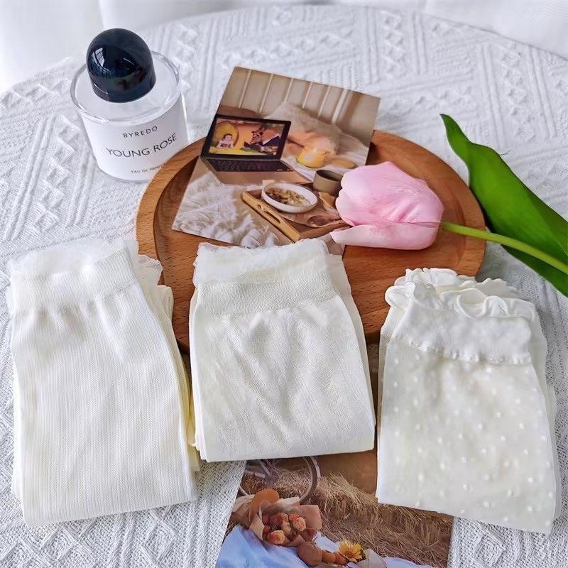 Tất cổ cao nữ phối bèo trong siêu mỏng màu kem be tất thoáng khí TAT01 7