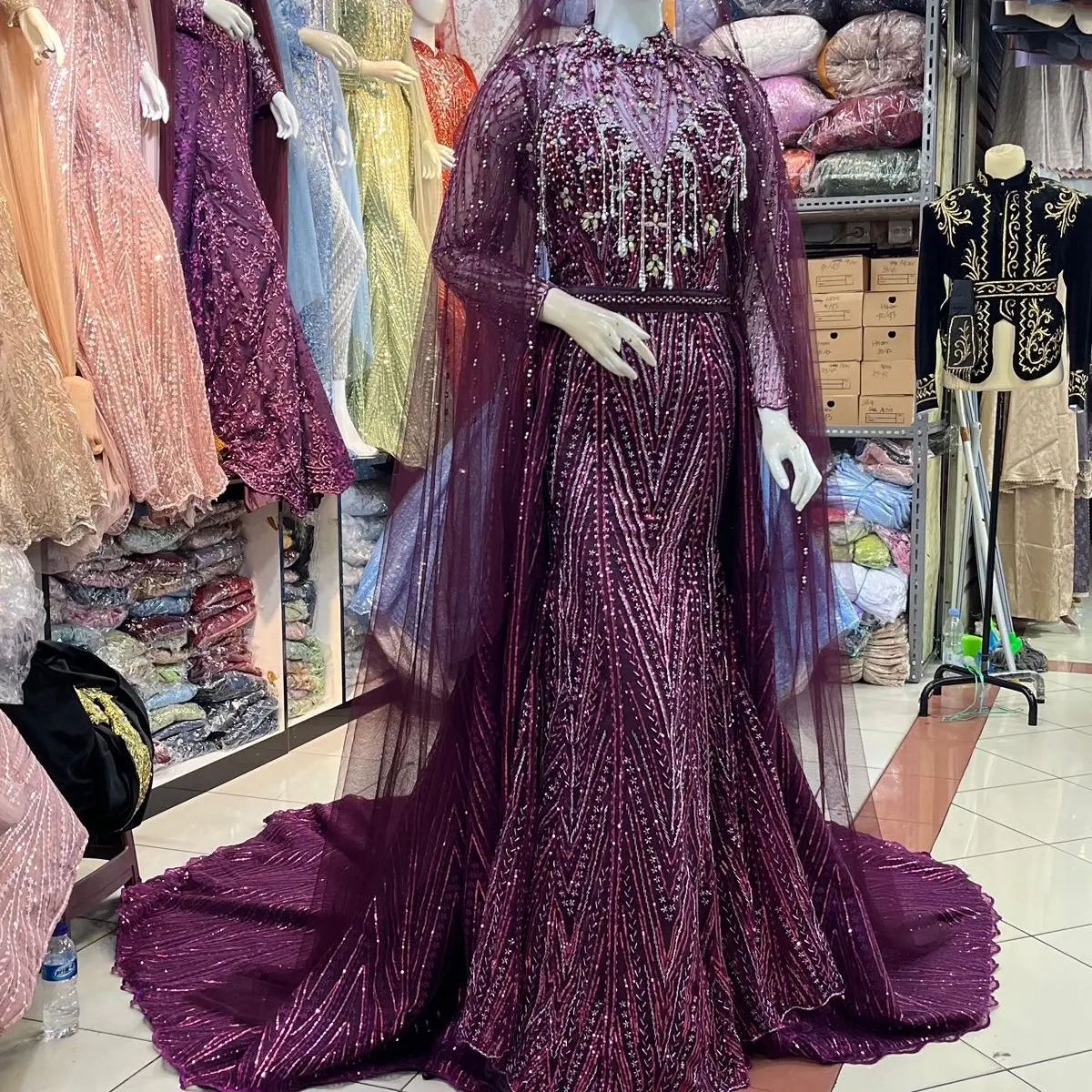 Slim duyung pengantin mewah set slayer undang kiri kanan, kerudung free manset komplit warna Pernikahan
