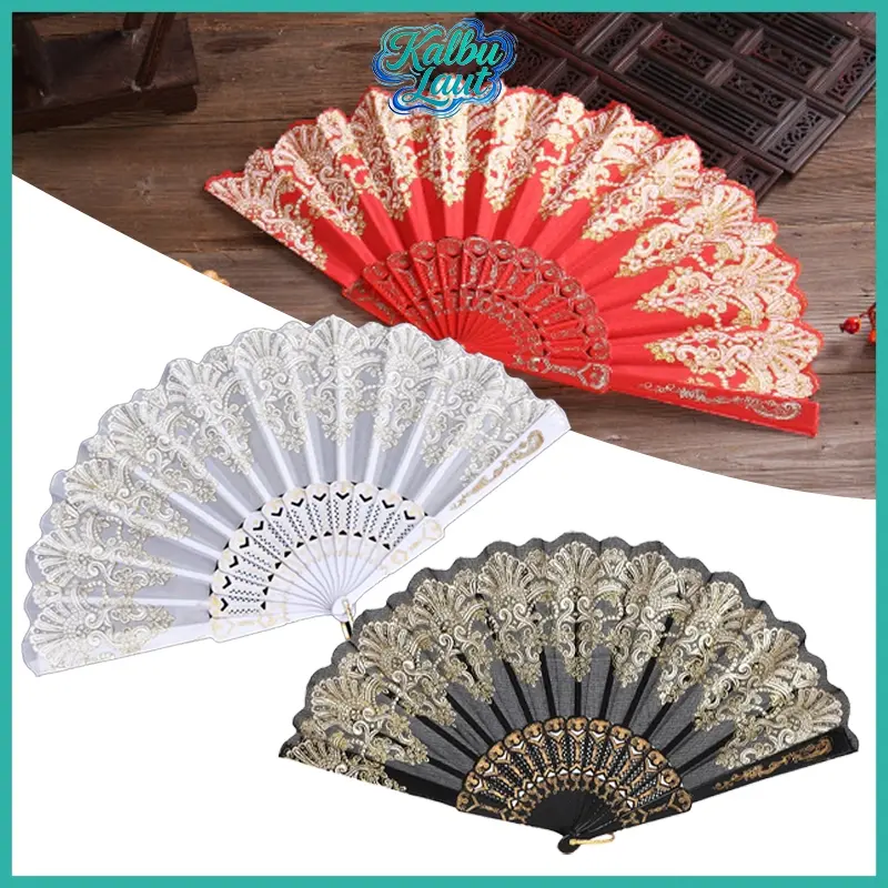 Kipas Lipat Bertatah Emas Ornamen Elegan Motif Tionghoa Warna Merah/Hitam/Putih Hadiah Panggung