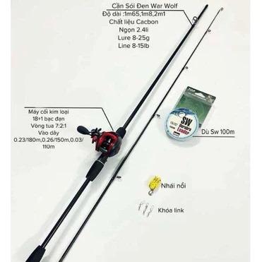 Bộ Combo Cần Câu Lure Sói Đen Máy Ngang Kèm Phụ Kiện Đầy Đủ, Cần Câu Lure Giá Rẻ 1m6 1m8 2m1